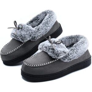 Women's Gray Fuzzy Fluffy Warm Winter Soft Closed Back Fur Lined Slippers Boot